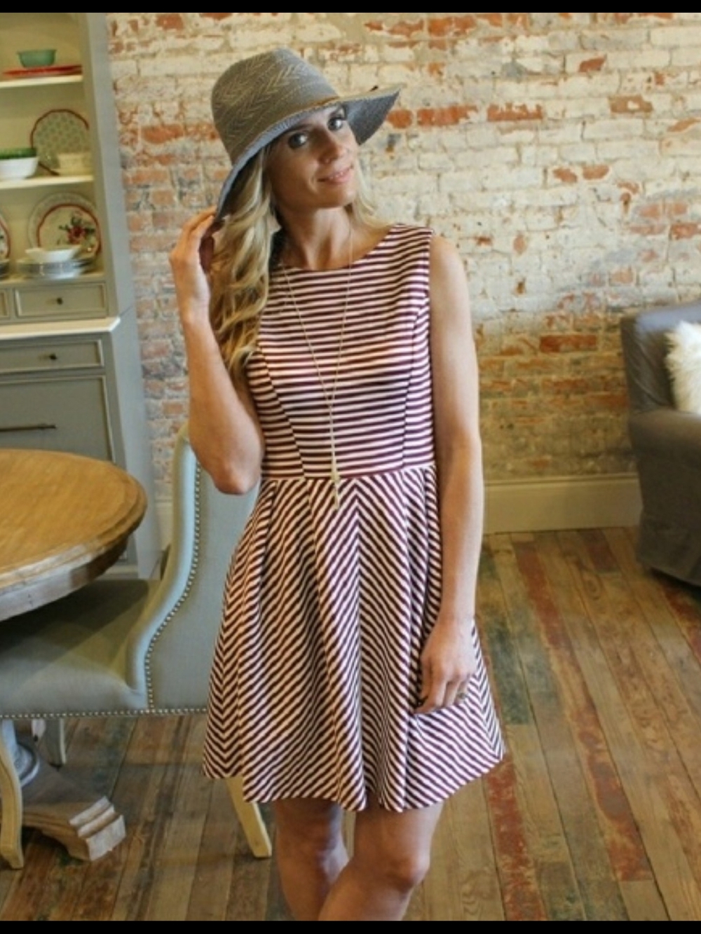 NEW Striped Sleeveless Fit-and-Flare Mini Dress in Burgundy and White